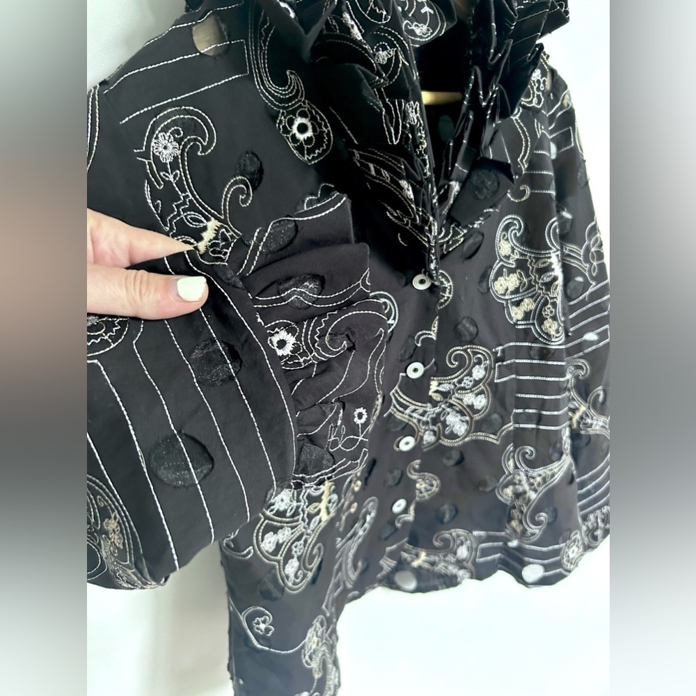 Samuel Dong  Ruffled neck Button Jacket Artsy Textured Blouse - Picture 5 of 11